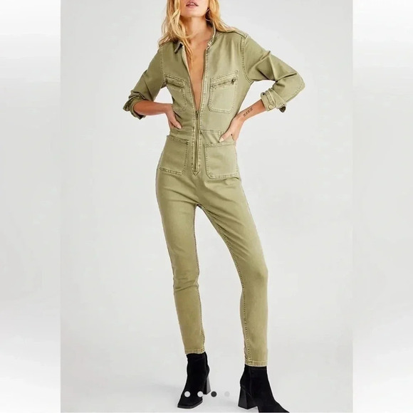 NWT Free People Lennox Denim Jumpsuit One Piece Utility Army Green Large Short - Picture 2 of 4